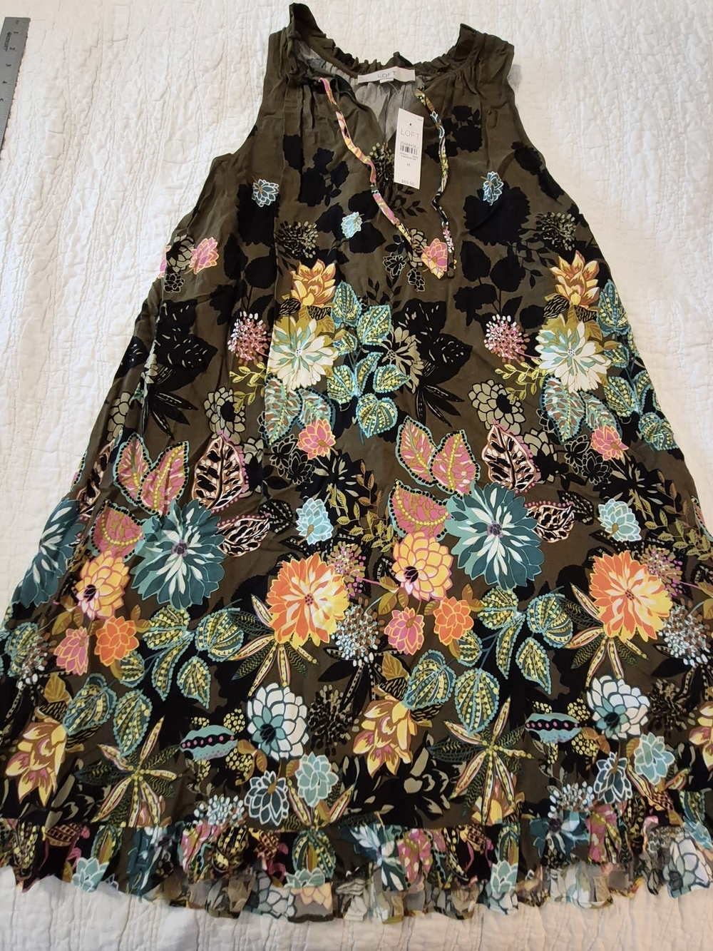 LOFT Olive Floral Sundress with Teal, Pink, Yellow, Cream Accents